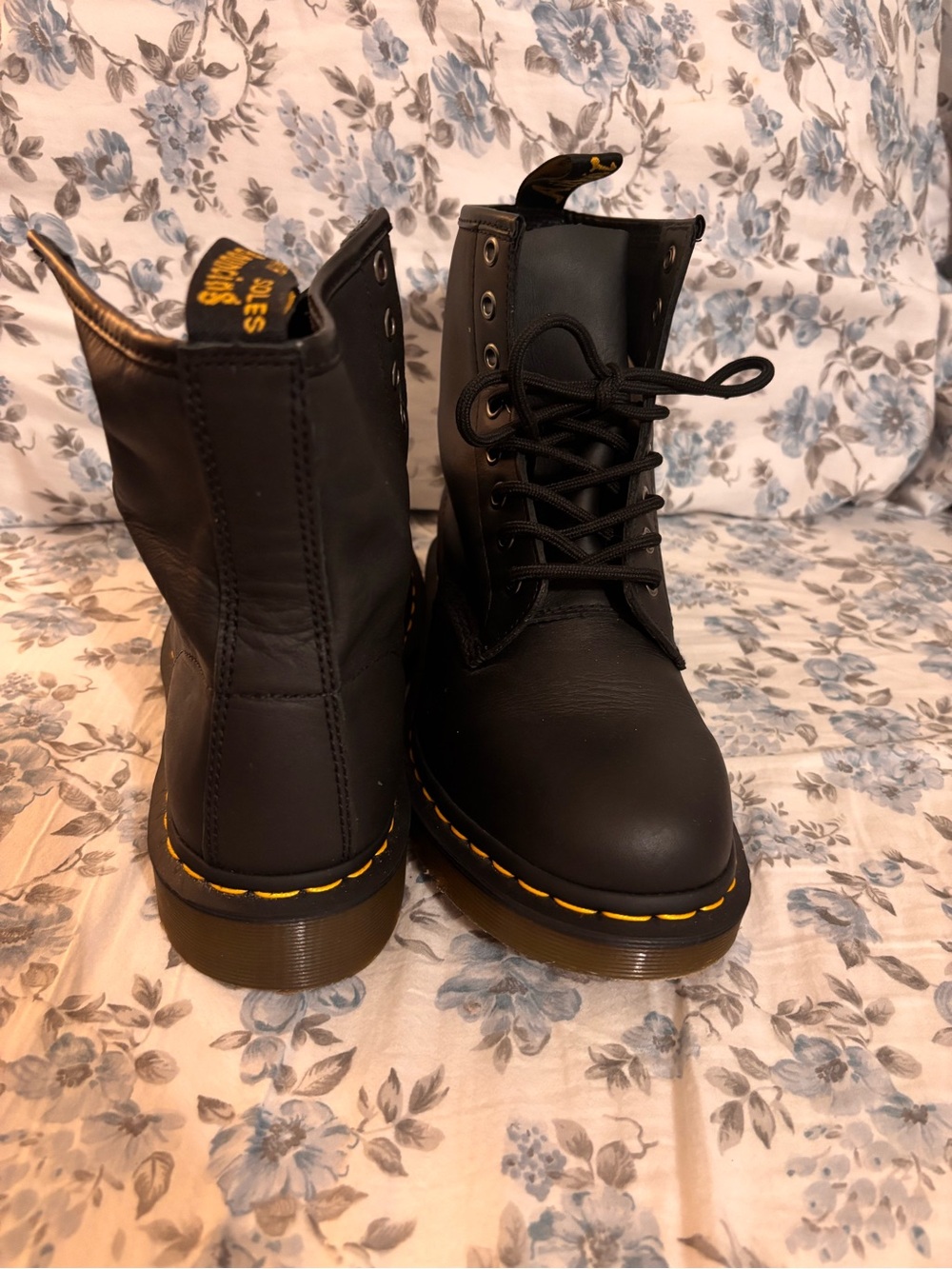 Dr. Martens Black Leather Lace-Up Boots with Yellow Stitching